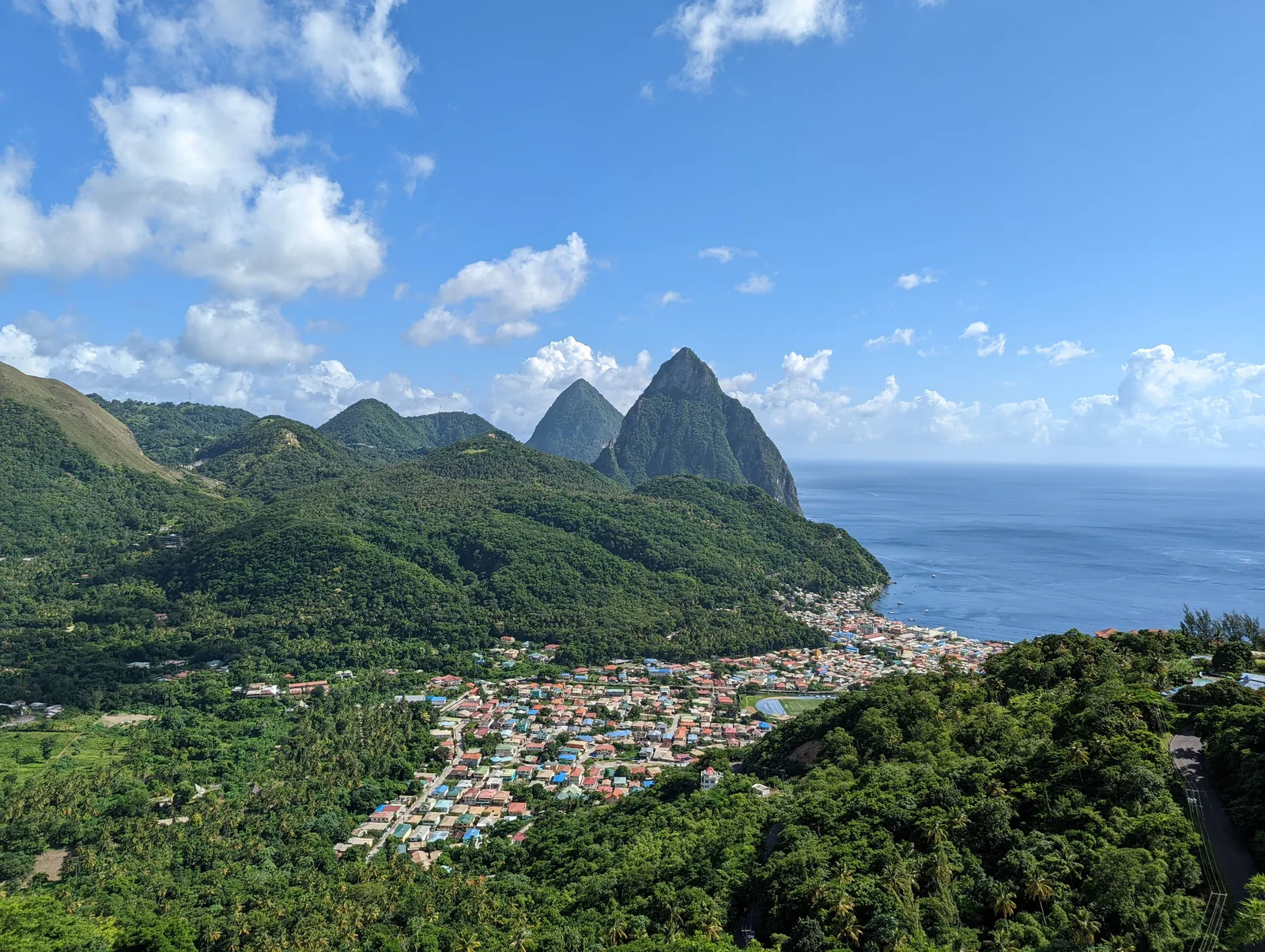 Aerial view of Soufriere and the Pitons in Saint Lucia