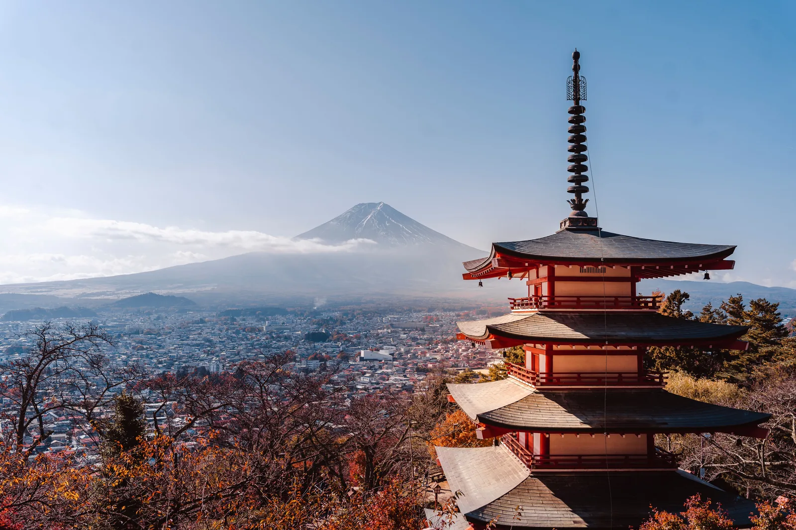 Chureito Pagoda with Mount Fuji behind it and autumn foliage, Fujiyoshida, Japan