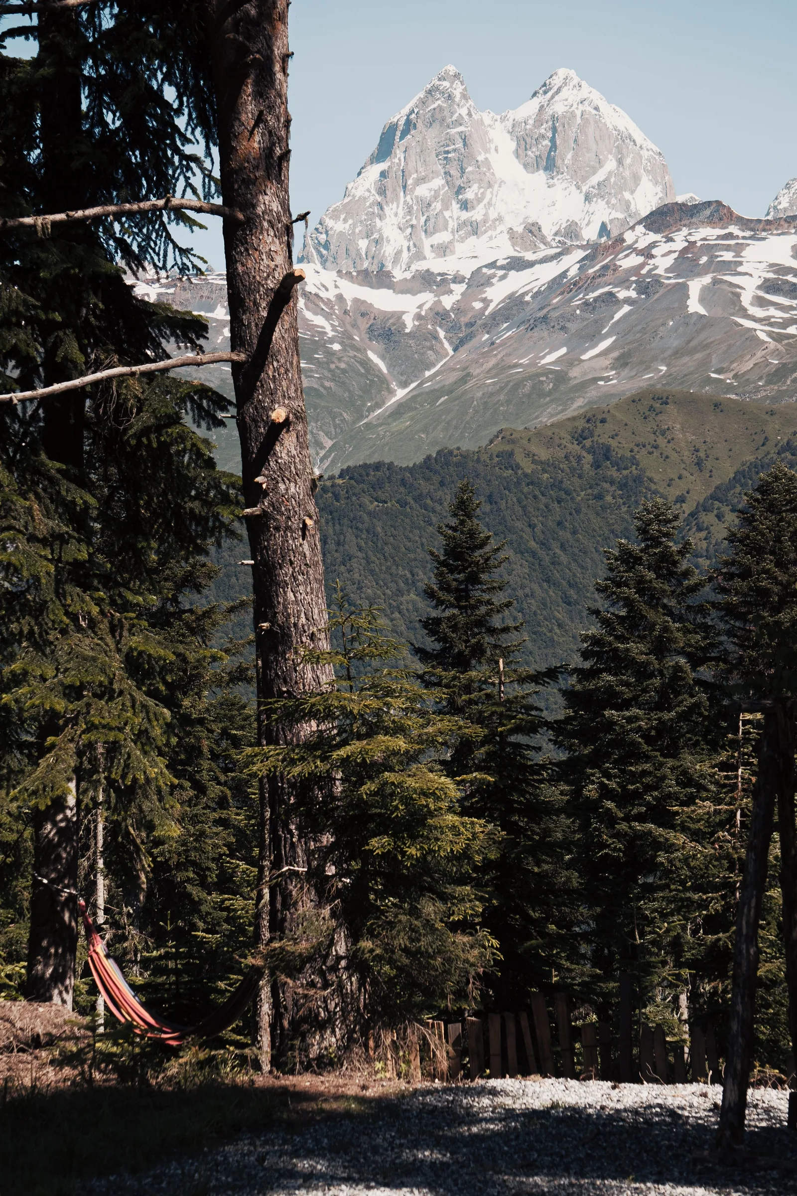 Mount Ushba rising above forested valleys near Mestia in Svaneti, Georgia