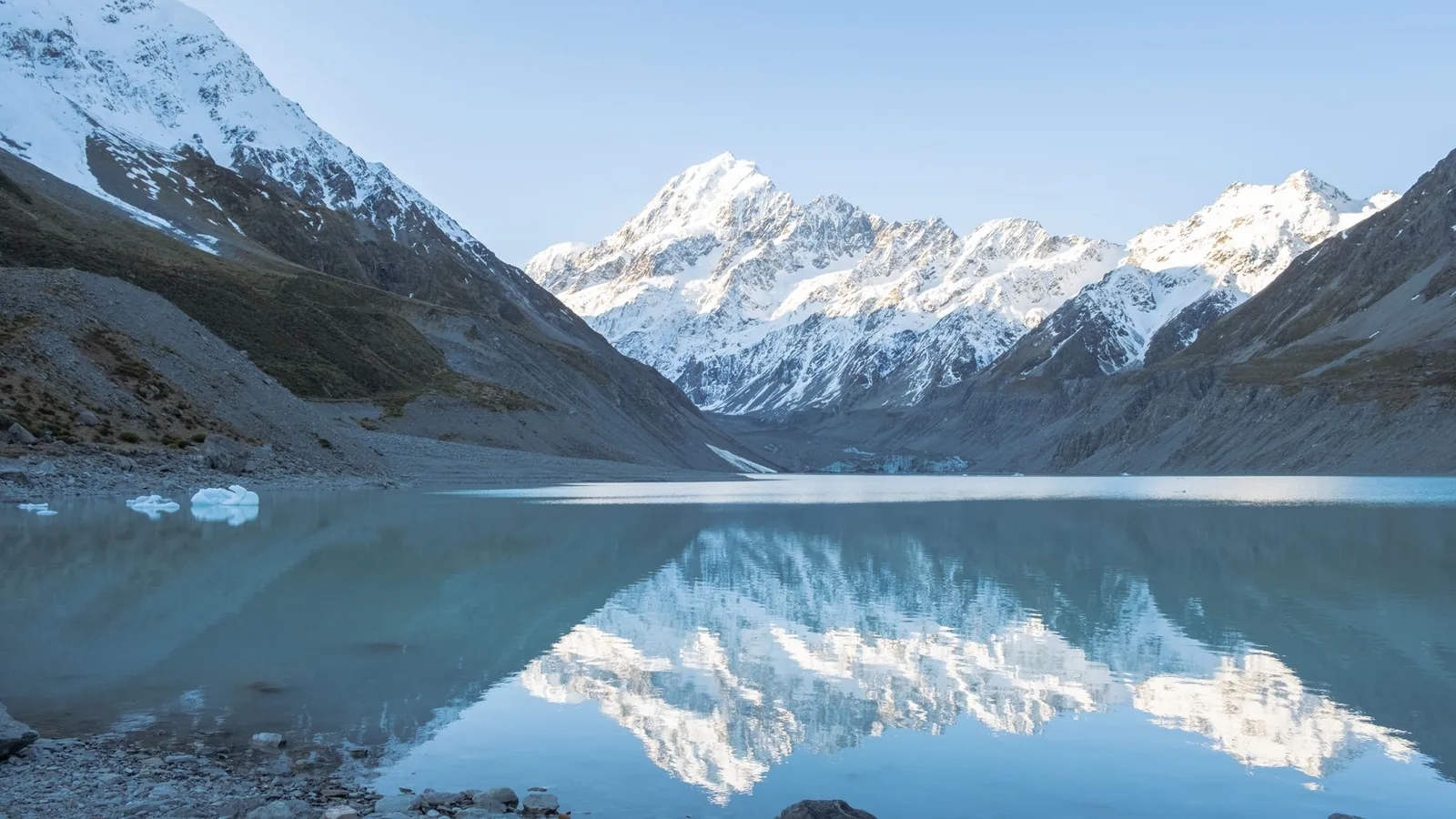 Aoraki Mount Cook reflected in a glacial lake in New Zealand