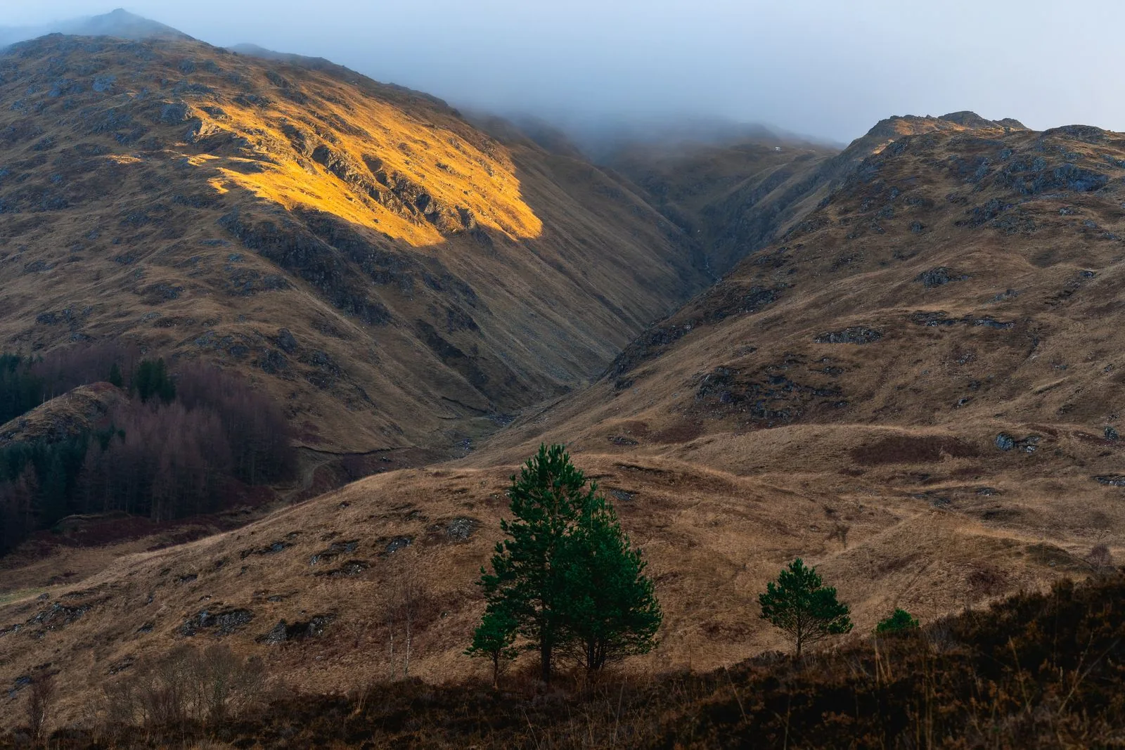 Golden evening light over misty hills near Glenfinnan in the Scottish Highlands