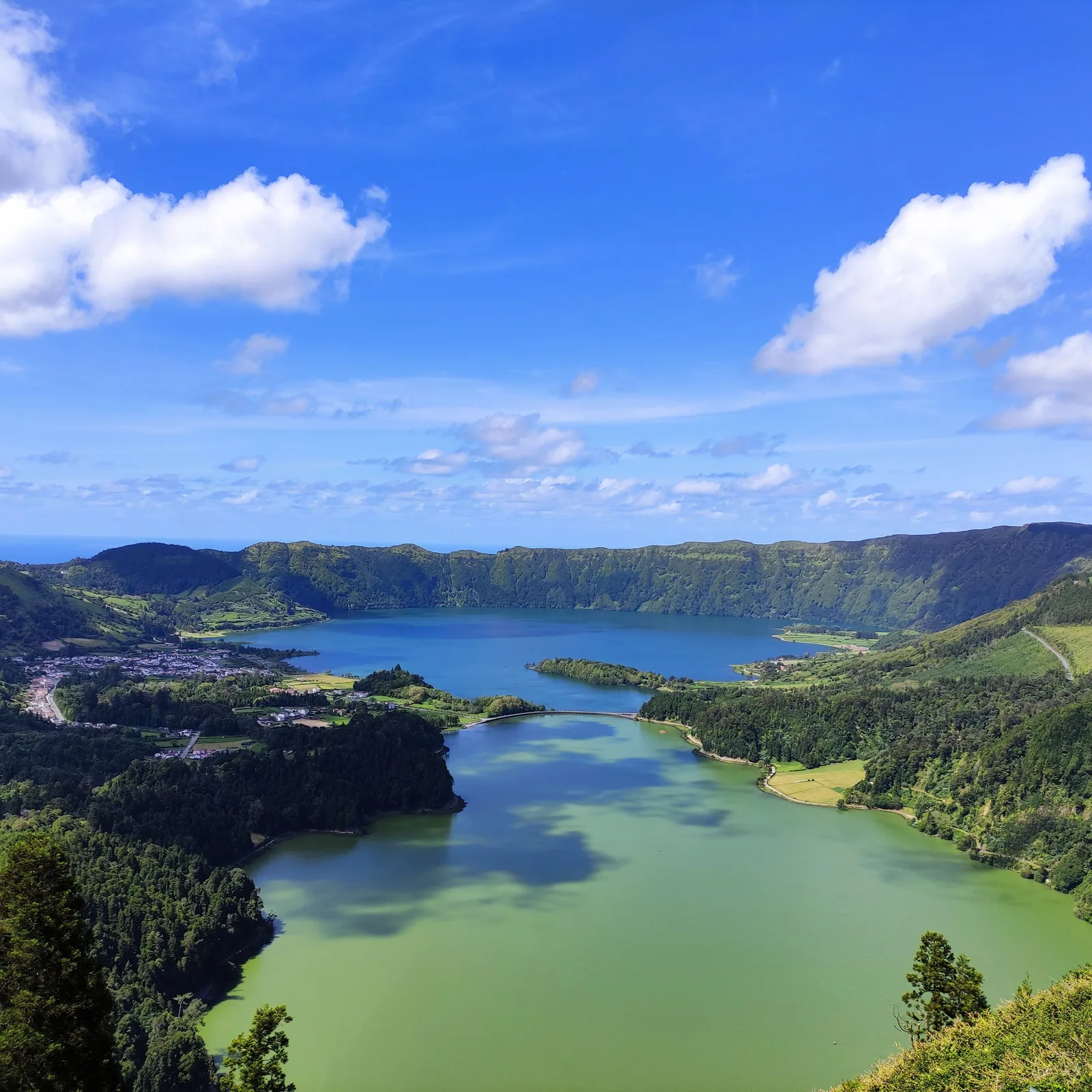 Aerial view of the twin lakes of Sete Cidades in a green volcanic crater, São Miguel, Azores