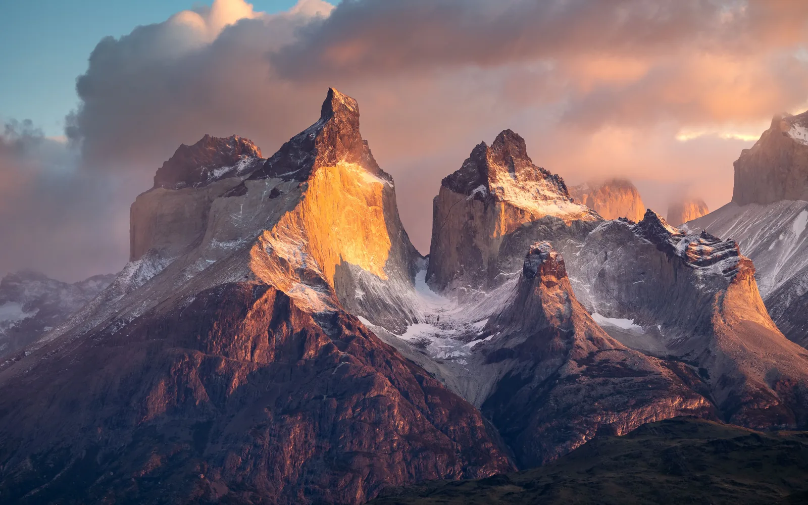 Snow-capped Torres del Paine massif at sunset in Patagonia, Chile