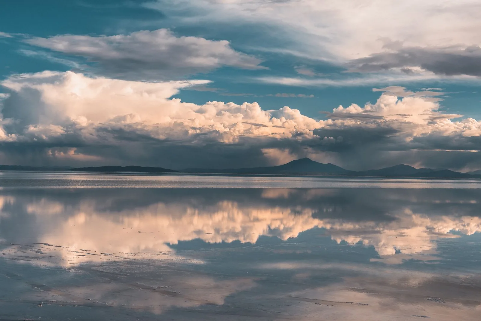 Clouds reflected across the flooded Salar de Uyuni in Bolivia