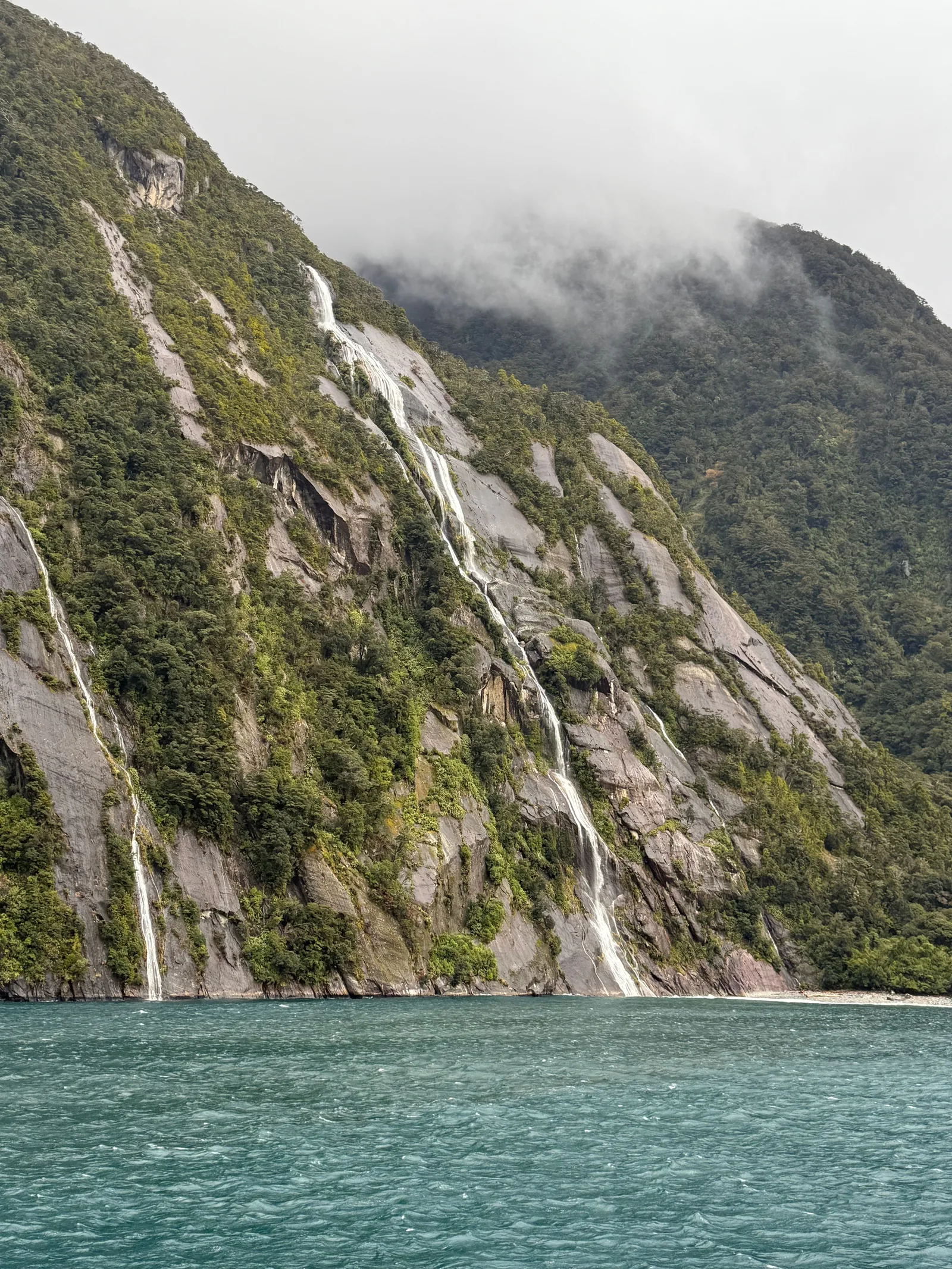Waterfalls cascading down green cliffs into the turquoise water of Milford Sound, New Zealand