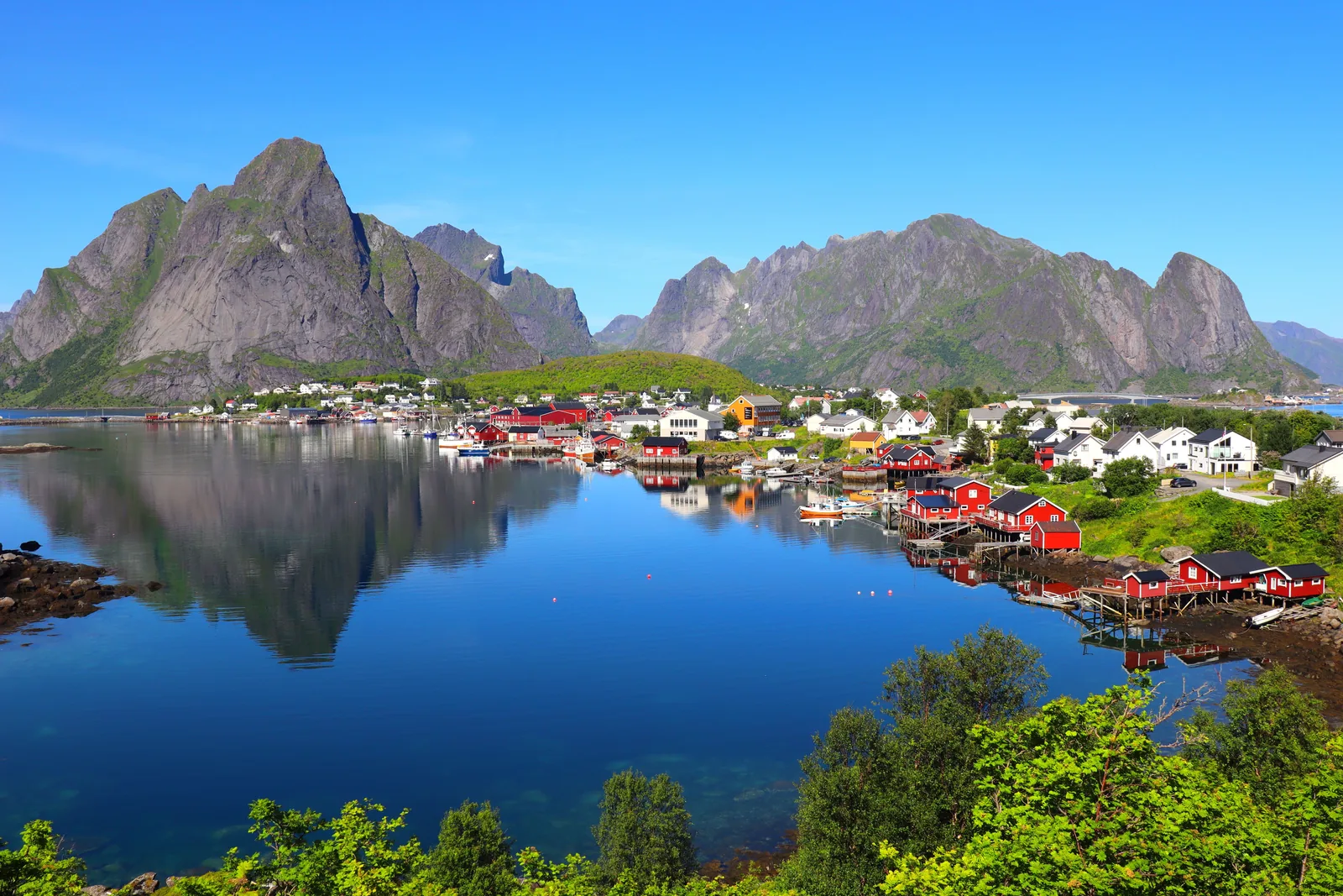 Reine village and mountains reflected in calm water in the Lofoten Islands, Norway
