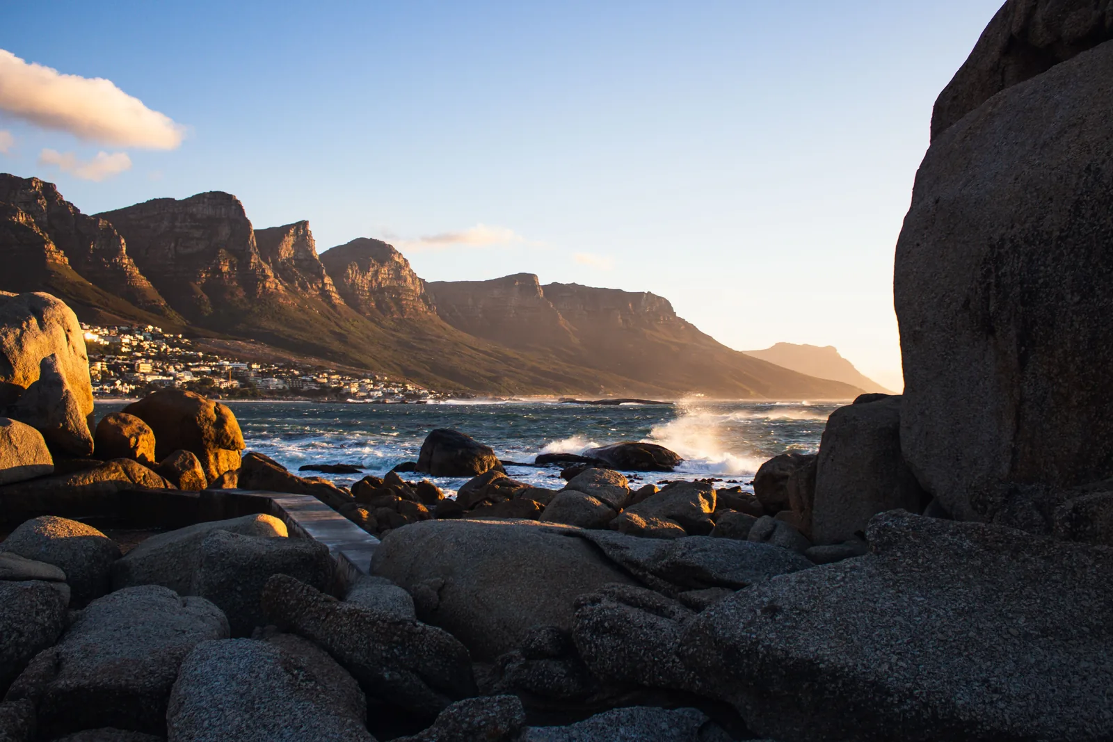 Camps Bay coastline and the Twelve Apostles at sunset