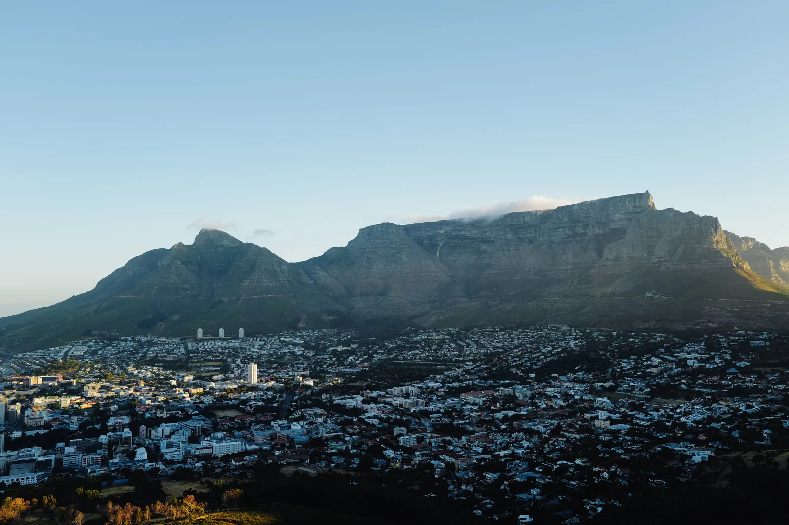 Table Mountain rising above Cape Town in early evening light